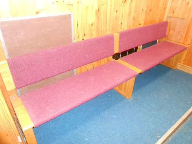 Solid oak 8ft church pew with burgundy cloth fabric on seat&back in Chairs & Recliners in Peterborough - Image 2