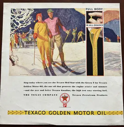 Art deco original ad art Texaco Golden Motor Oil Gasoline 1920s 30s vintage antique ski skiing sport...