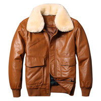 Mens Brown Bomber Real Leather Jacket with Collar Fur