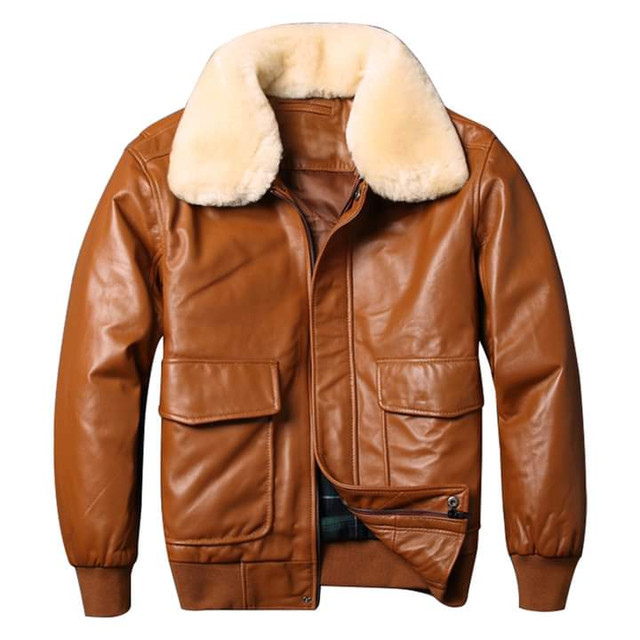 Mens Brown Bomber Real Leather Jacket with Collar Fur in Men's in City of Toronto