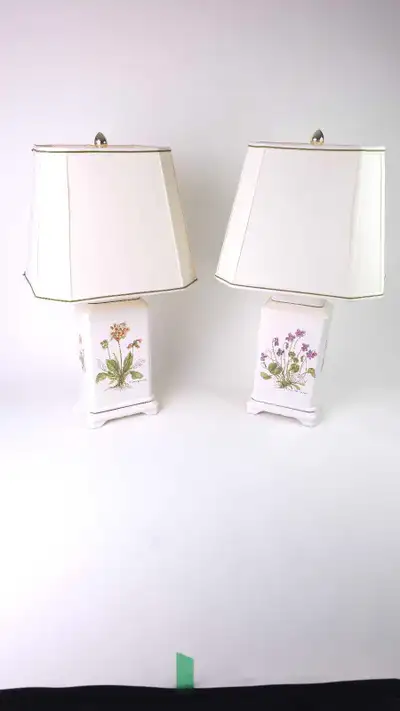 Pair of botanical print table lamps ceramic., View more
