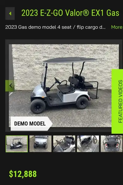 Golf carts avaliable, both new and used. We offer both gas and electric options in 2,4 and 6 seat mo...