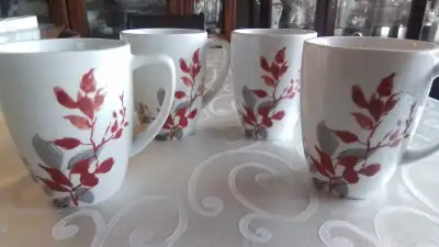 SET OF 4 - NEW - CORRELLE COORDINATES STONEWARE MUGS - RED AND GREY KOYOTO LEAVES PATTERN. APPROX. S...