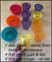 5 Plates, 3 Bowls (medium condition) 8 Cups - 4 have lids $10