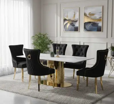 White Marble Dining Table with Gold Base and Black Tufted Chairs, View more