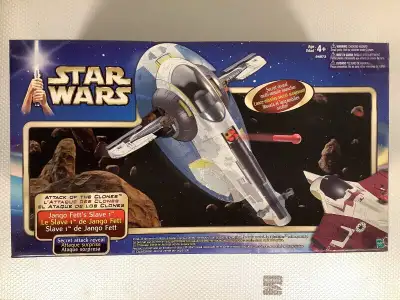 Jango Fett’s Slave 1 Starship, from The Attack of the Clones. New in package. Never been opened. The...
