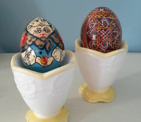 Vintage pair Russian Hand-painted Wooden Eggs Fairy Tale Signed