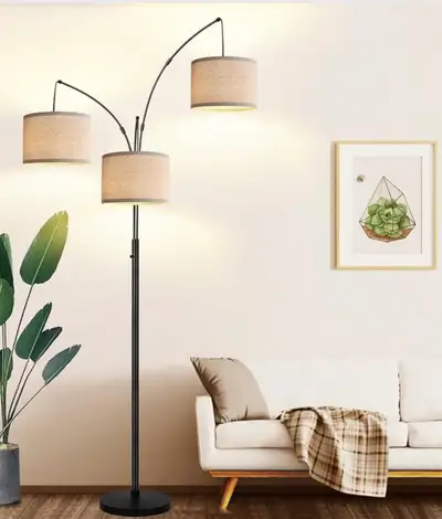 Modern 3-Light Arc Floor Lamp – Matte Black with Linen Shades, View more