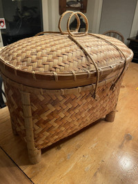Rare Vintage Boho Rattan Lidded Basket