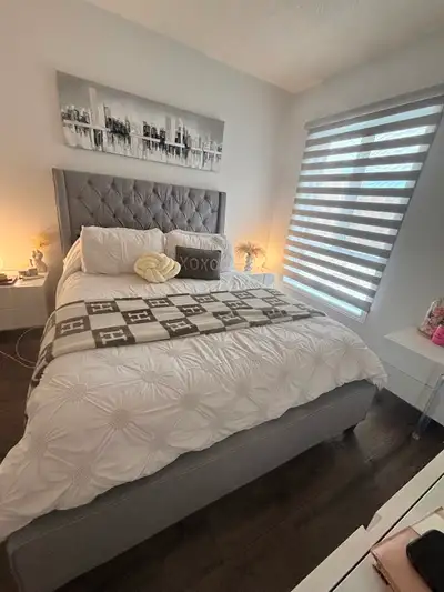 Queen size bed , upholstered Grey .. with mattress, View more