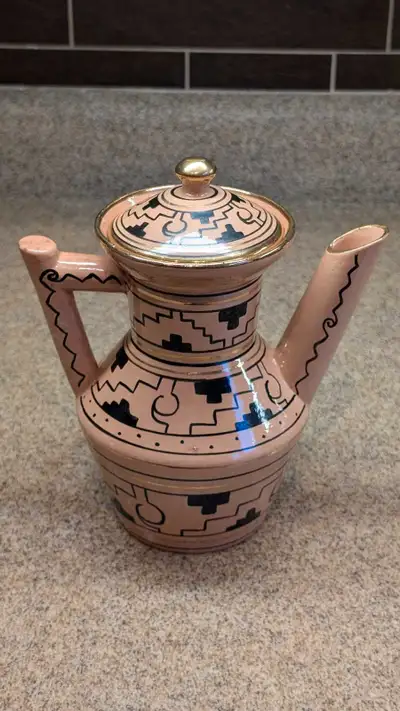 Vintage Brena Oaxaca Mexico pottery, 7 1/2" tall coffee/tea pot, handmade clay, hand painted, gold t...