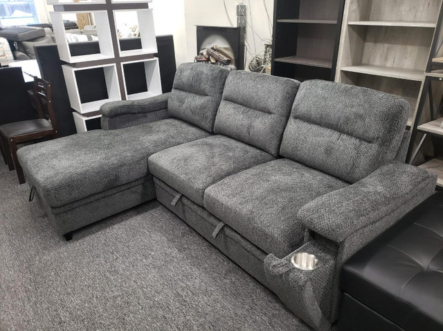 Barstow -Sofa Pull Out Bed, Rev Storage Chaise, Hidden Cupholder in Couches & Futons in Winnipeg