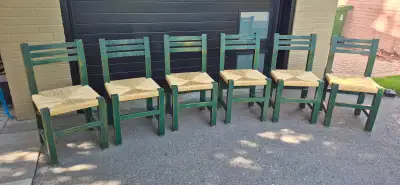 Set of 6 Green Wooden Chairs with Woven Seats, View more