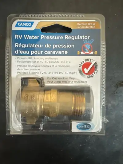 This is a new Camco RV water pressure regulator made with durable brass, designed to protect your RV...