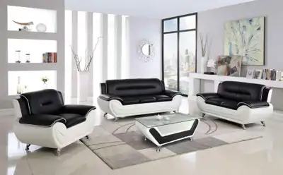 Speedy Leather Living Room Sofa Set Black & White, View more