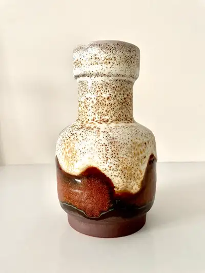 West German Carstens Tönnieshof Vase, Mid Century Modern “7607-20” Fat Lava Vase, Red Orange Fat Lav...