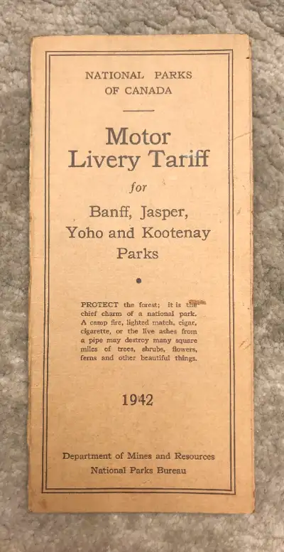 Rare 1943 National Parks of Canada Motor Livery Tariff Schedule For Banff, Jasper, Yoho and Kootenay...