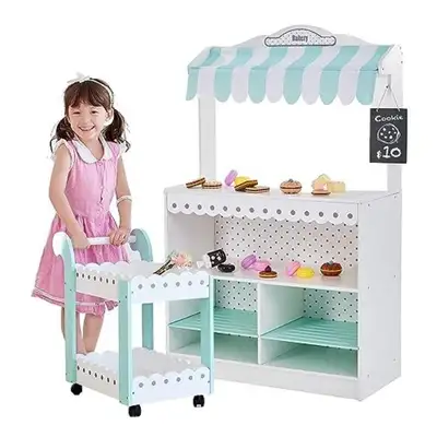 Teamson Kids My Dream Bakery Shop Dessert Stand and Rolling Pastry Cart Interactive Wooden Play Set,...