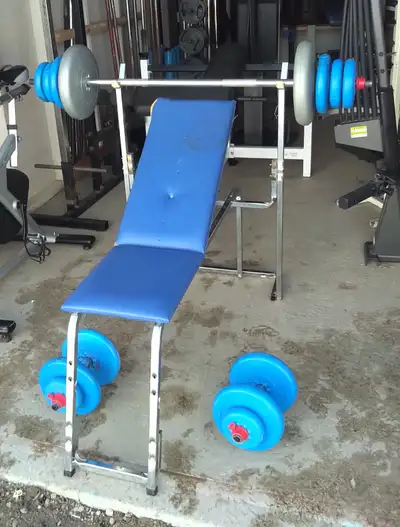 Bench Press with Barbell, Dumbbells and 140 Lbs. of Weights, View more