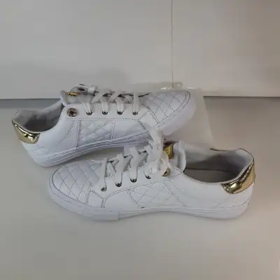 Women's GUESS GW Loven White Sneakers - Size 11M w/ Gold Accents, View more