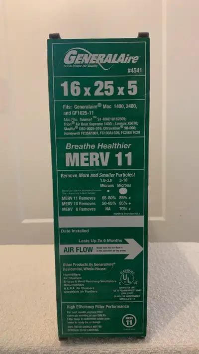 Brand new GeneralAire Merv 11 High Efficiency furnace filter, 16” x 25” x 5”.