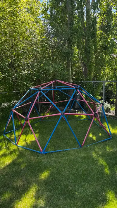 Colorful geodesic dome climber has red and blue bars. Black connectors are present. Lots of life lef...
