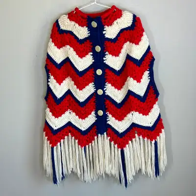 Vintage 70s Handmade Chevron Knit Button Up Poncho Kids Size 8, View more