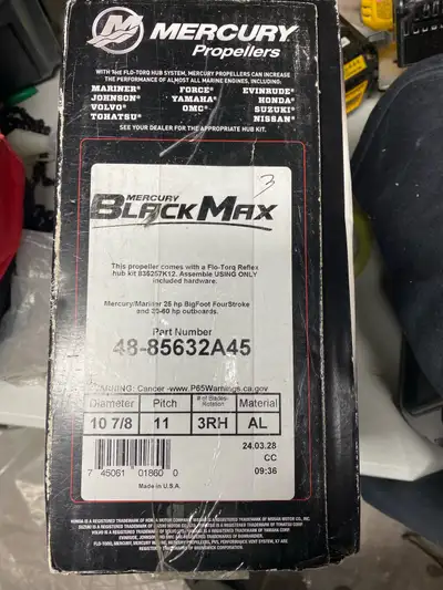 I'm selling a Mercury Black Max propeller, part number 48-85632A45, suitable for Mercury/Mariner 25...