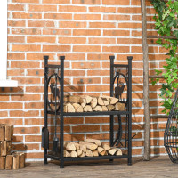 2-Tier Firewood Rack with Shovel, Broom, Poker, Tongs, Side Hook