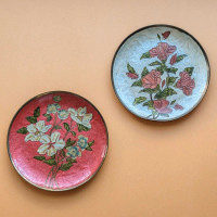 Vintage Brass Floral Enameled Wall Plates. Art