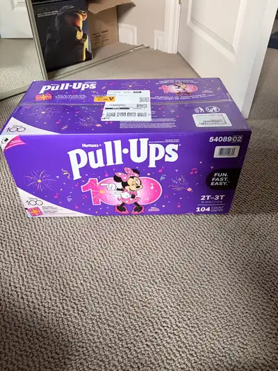 Sealed, unused box that we didn’t end up needing. 104 pull ups. I can throw in a sleeve of 3-4t Spid...