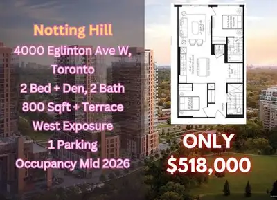 Assignment Sale – Notting Hill Condos | 2+1 Bed | 2 Bath | 800 Sqft + Terrace 4000 Eglinton Ave W, T...
