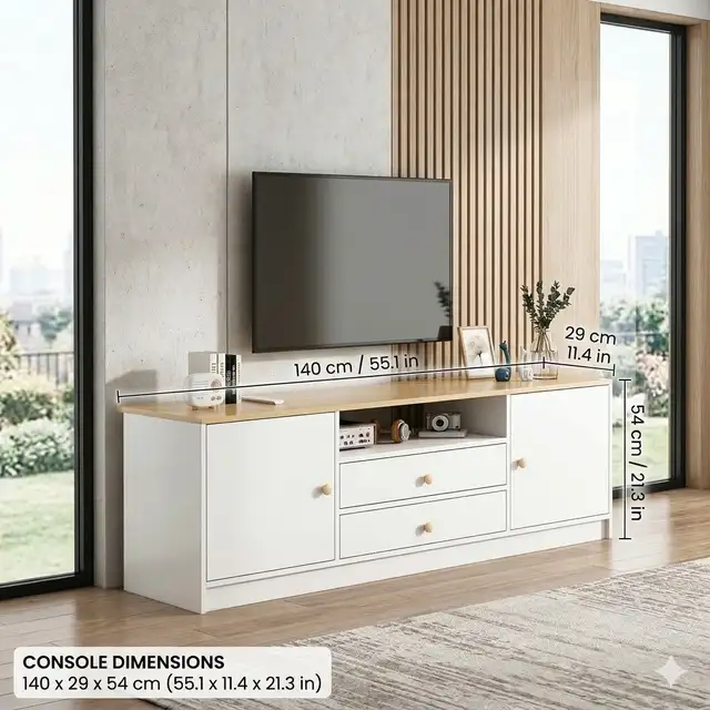 Modern White Wood TV Console Media Stand 140/29/54cm in Hutches & Display Cabinets in Mississauga / Peel Region - Image 3