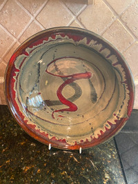 Ceramic Serving Bowl Signed 12 1/2 Inch Green and Maroon Color