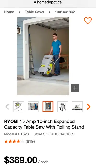 RYOBI 15 Amp 10-inch Expanded Capacity Table Saw With Stand, View more