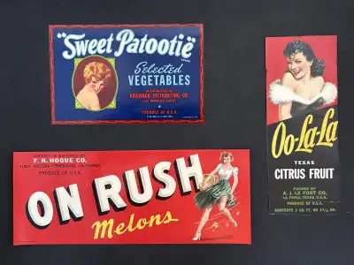 3x Vintage pinup fruit & vegetable crate labels, View more
