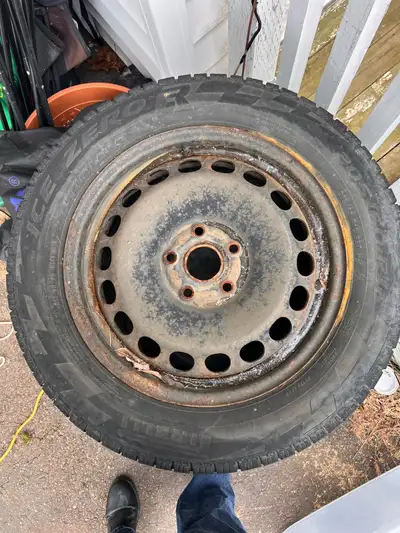 205 60 16 winter tires on rims. Off a 2019 VW Jetta. 2 tires are badly scalloped, other two aren’t g...