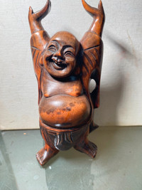 Antique Chinese Boxwood Wood Carving Happy Laugh Buddha Statue .
