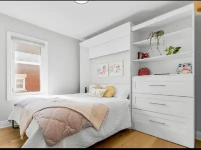 Bestar Pur White Queen Murphy Bed Integrated Storage. In great condition, we are moving and don’t ha...