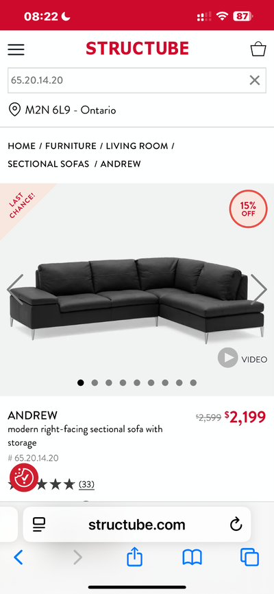 Structube ANDREW Right-Facing Sectional Sofa, View more