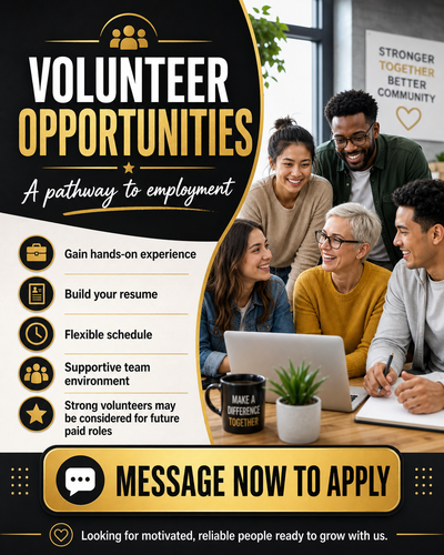 Volunteer-to-Employment Opportunities Available, View more