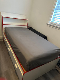 Single bed with  new mattress and bookcase headboard 