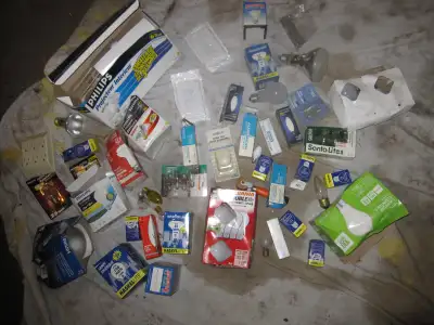 VARIOUS ELECTRICAL PARTS BOXES SWITCHES PLUGS LIGHT BULBS ETC, View more