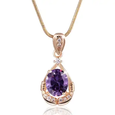 Médaillon or jaune 18k plq +améthyste + 11diamants 18"/45cm, View more