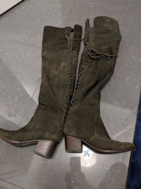 Green suede thigh high boots