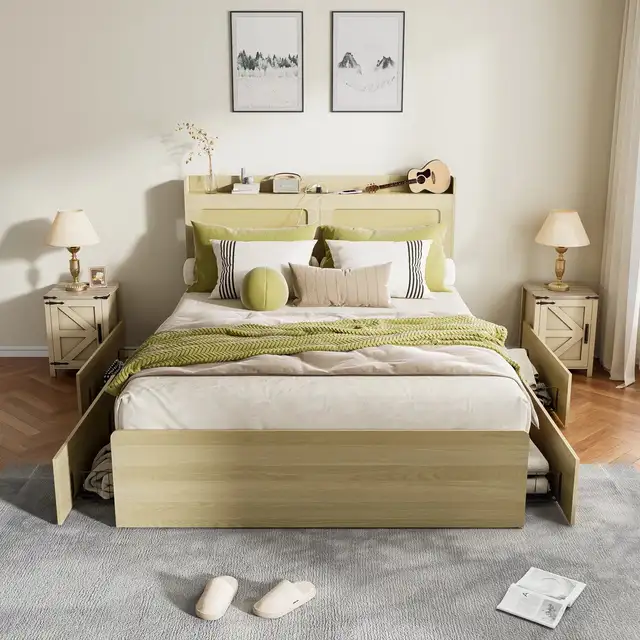 Queen bed with drawers, outlet & light63793683420929122