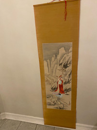 Vintage Chinese hand painted bambo scroll signed. 68”x20”.