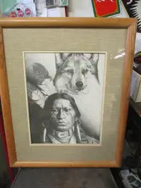 1980s NATIVE INDIAN WARRIOR & WOLF PICTURE $20 COTTAGE DECOR