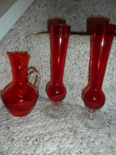 Vintage Red Vases. Tall ones 8"H, other 5 1/2"H. $20 for the pai, View more
