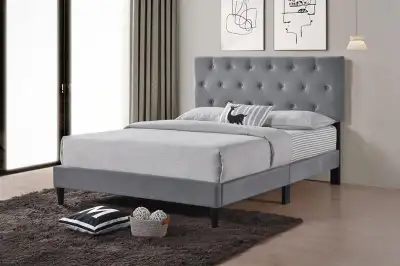 Grey Upholstered Tufted Platform Bed, View more